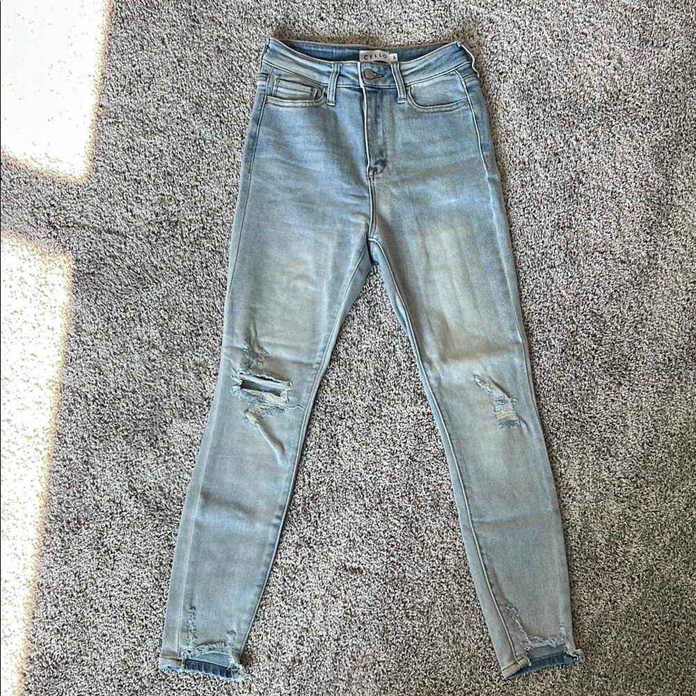 Cello Light Blue High Rise Skinny Jeans with Distressed Details